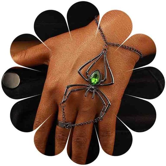 Handketting voor dames, gothic handsieraad van zwart metaal en groen kristal met ring, spinnen-handketting handdecoratie in donkere stijl voor damesmode