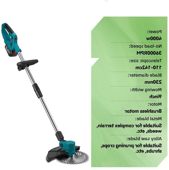 Handmaaier - Grasmaaier - Grastrimmer - Grasschaar - Grasmachine - 4000W - 9 Inch - Elektrische/Accu - Borstelloze Grastrimmer met Digitaal Display – Krachtige Accu Tuinmaaier - 21V/18V Compatibel - Zonder Batterij van Merkloos	