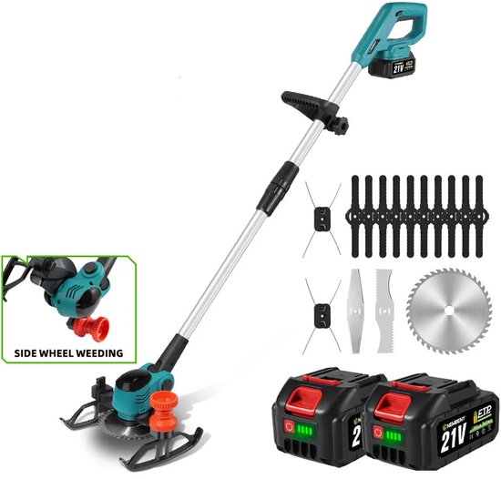 Handmaaier - Grastrimmer - Grasmaaier - Grasmachine - Grasschaar - 3000W - 6-Inch - Elektrische/Accu - Grastrimmer met 90° Verstelbare Kop – Snoerloos Tuingereedschap - 21V/18V Compatibel - Inclusief 2x Accu van Merkloos	