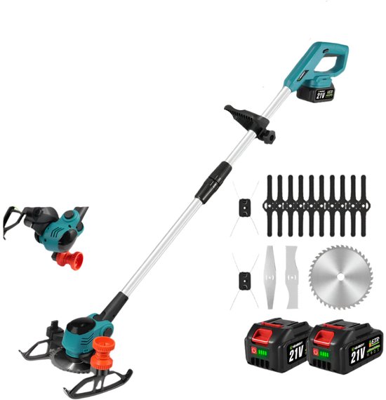 Handmaaier - Grastrimmer - Grasmaaier - Grasmachine - Grasschaar - 3000W - 6-Inch - Elektrische/Accu - Grastrimmer met 90° Verstelbare Kop – Tuingereedschap voor Precisiewerk - 21V/18V Compatibel - Inclusief 2x Accu van Merkloos	