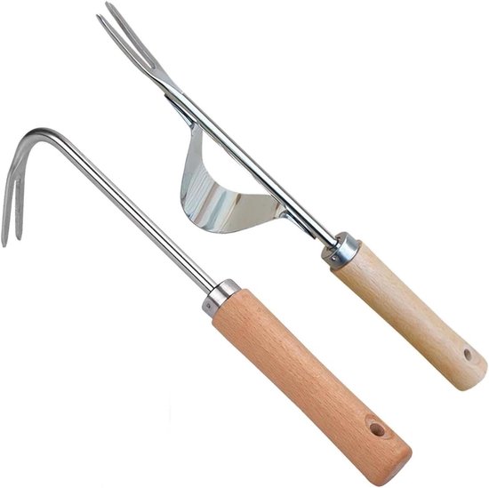 Handmatig Wieden Gereedschap - Onkruid Verwijderaar - Tuin Onderhouden - Roestvrij Staal - 2 Stuks - Houtkleur