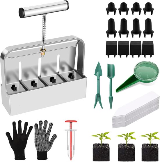 Handmatige Aardbalpers - Bodemblokker Maker - Planten Kweken - 4 Cellen Ontwerp - 19x5x21 cm - Zilver