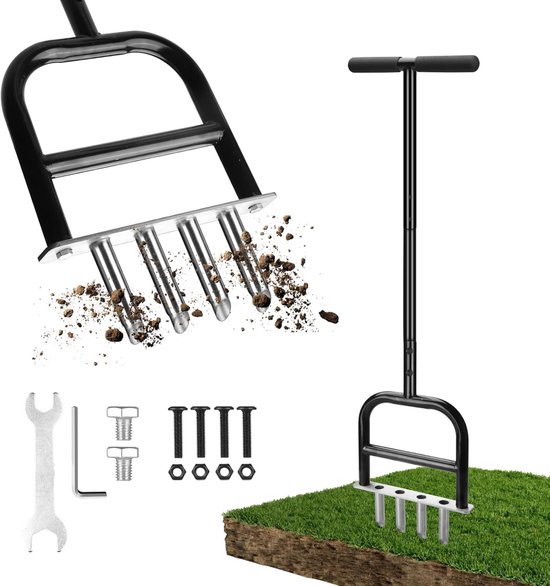Handmatige Gazonbeluchter met 4 Tanden & Grasmand – RVS, 12 cm Diep, Hefboomwerking, voor Tuin & Sportveld tot 200 m² - ShopVlot
