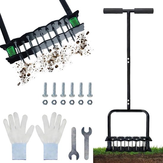 Handmatige Grondbeluchter - Grasventilator T-Handvat - Gazononderhoud Tuin - Dubbele Veer Systeem - 96 cm Hoog - Zwart van Merkloos	