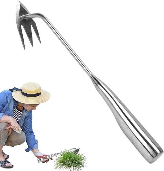 Handmatige onkruidsteker - 3-tands onkruidwieder - Gazon onderhoud - Ergonomische handgreep - 37 cm lang - Zilverkleurig