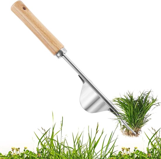 Handmatige onkruidsteker - Onkruidwieder tuin - Onkruid verwijderen - Ergonomisch houten handvat - 33 cm - Zilver