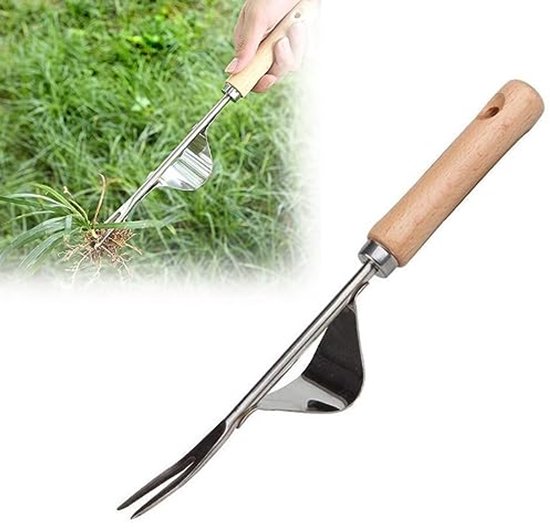 Handmatige onkruidsteker van roestvrij staal met houten handvat voor tuinonderhoud van Merkloos	