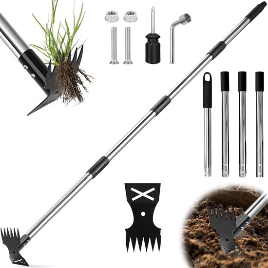 Handmatige Onkruidtrekker met 148 cm Lange Handgreep, 2-in-1 Onkruidhark en Tuinhak, Ergonomisch Ontwerp voor Eenvoudig Onkruid Verwijderen en Tuinonderhoud