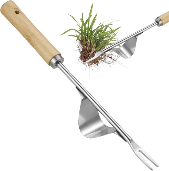 Handmatige Onkruidtrekker met Houten Handvat, Roestvrijstalen Onkruidverwijderaar voor Tuin, Terras en Gazon - Effectieve Onkruidbestrijding en Diepe Wortelverwijdering van Merkloos	