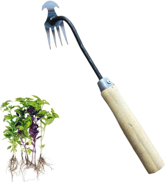 Handmatige Onkruidtrekker voor Tuin en Terras - 4-Tanden Grasschouwer met Houten Handvat van Easyline