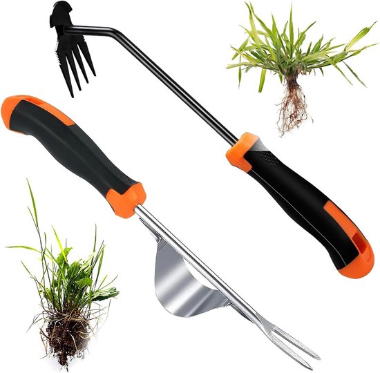 Handmatige Onkruidverdelger Set - Roestvrij Staal - 35 x 14,5 cm - Ergonomisch Handgereedschap voor Tuinieren