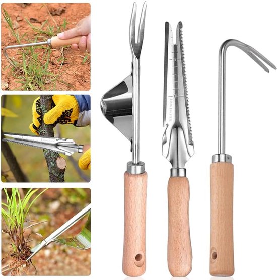 Handmatige Onkruidverdelger Set van 3, Houten Handvat, RVS Kop voor Tuinieren, Onkruid Wieden, Planten Verplanten en Snoeien