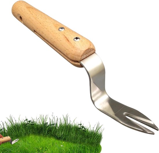 Handmatige onkruidverdelger - Tuingereedschap wortel - Onkruid verwijderen - Roestvrijstalen vork - 20 cm lengte - Houtkleurig