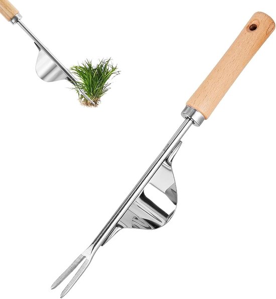 Handmatige onkruidverdelger van roestvrij staal met houten handvat, ideaal voor tuinonderhoud en wortelverwijdering, duurzaam en efficiënt van Merkloos	