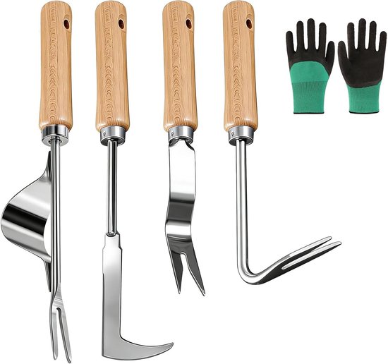 Handmatige Onkruidverwijderaar - 4-delige Roestvrijstalen Gereedschapset voor Onkruid, Mos en Tuinonderhoud met Lange Handgreep van Merkloos	