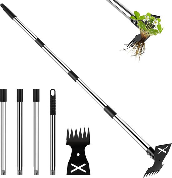 Handmatige Onkruidverwijderaar met Lange Handgreep van 150 cm, 2-in-1 Tuinraket en Hark voor Effectieve Onkruidbestrijding in Tuin, Gazon en Terras