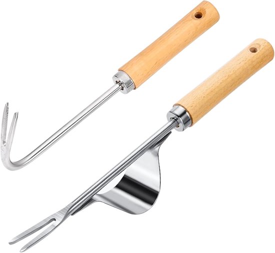 Handmatige Onkruidverwijderaar Set van 2, Roestvrijstalen Onkruidtrekker met Houten Handvat, Efficiënt Onkruid Bestrijden en Wortels Uittrekken van Merkloos	