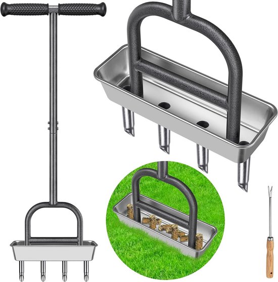 Handmatige plug-aerator voor gazon en tuin - roestvrijstalen 4-kern luchtfilter met rubberen grip van Woowttz