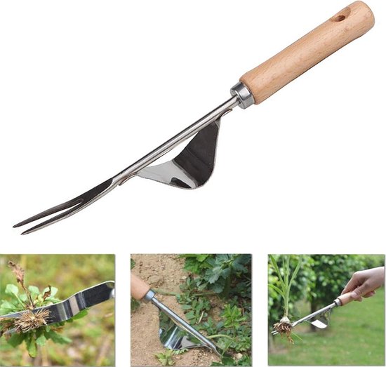 Handmatige roestvrijstalen onkruidsteker met houten handvat voor tuinieren van Merkloos	