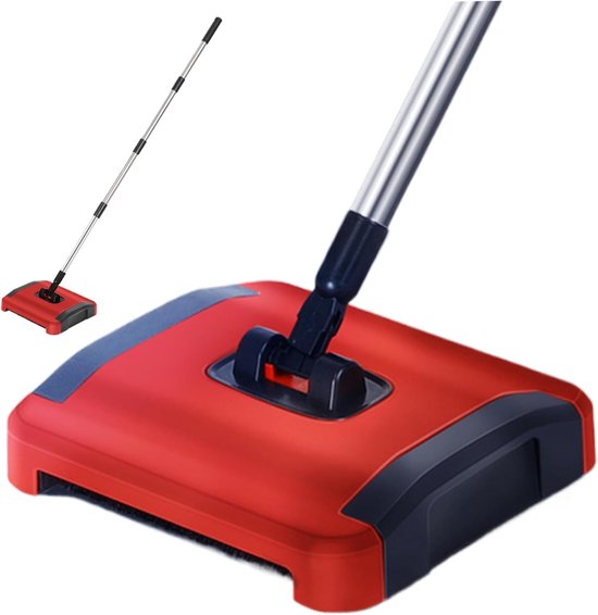 Handmatige Tapijtveger - Vloerborstel Wielen - Snel Vuil Verwijderen - 3 Rollende Borstels - 110cm Afneembaar - Zwart Rood