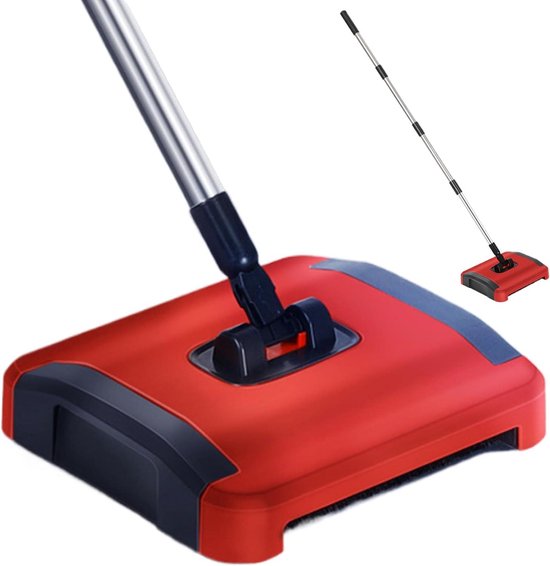 Handmatige Tapijtveger - Vloerveger Wielen - Huis Schoonmaken - 3 Rolborstels - 110 cm Lengte - Zwart Rood