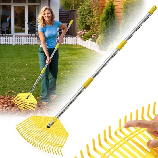 Handmatige tuinhark met 23 sterke tanden, 190 cm handvat en kunststof kop voor gazon en bladeren, 42 cm breed