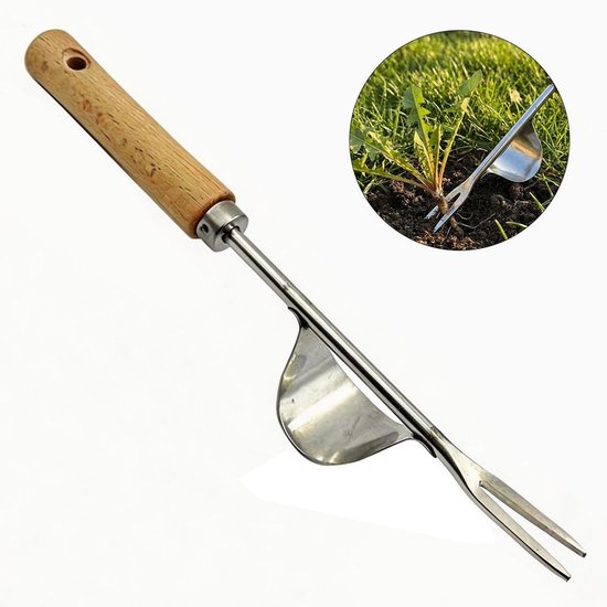 Handmatige tuinonkruidsnijder, roestvrijstalen onkruidsnijder, wortelonkruidsnijder met houten handvat, handmatige onkruidsnijder Geschikt voor graven, wieden en het losmaken van de grond (1 stuk) van Merkloos	