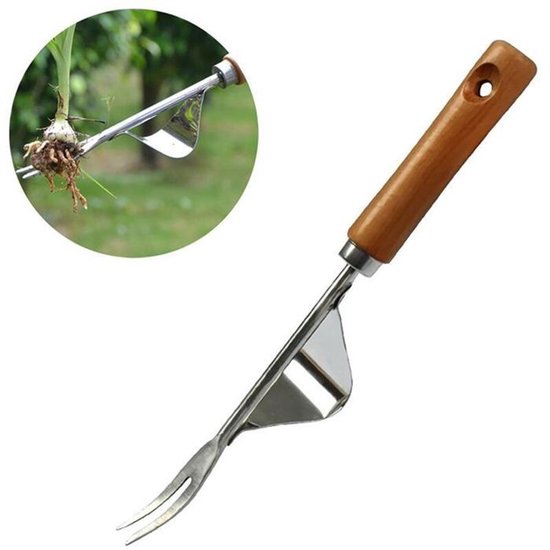 Handmatige tuinwieder, onkruidverwijderaar van roestvrij staal met houten handvat, tuingereedschap voor het verwijderen van onkruid in de tuin. van Merkloos	