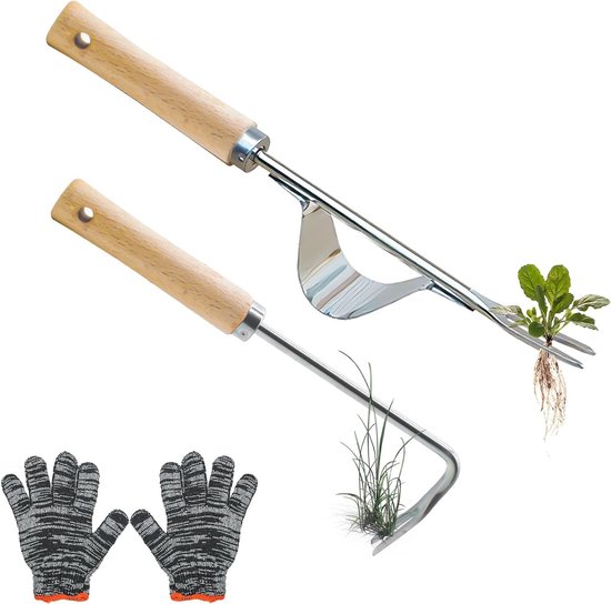 Handmatige Tuinwortelverwijderaar van RVS met Houten Handvat voor Efficiënt Onkruid Wieden en Verplanten in Tuin en Gazon