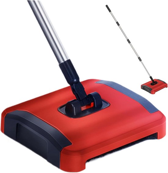Handmatige Vegenmachine - Tapijtreiniger Vegen - Vloeren Schoonmaken - 3 Zachte Borstels - 110 cm - Zwart Rood