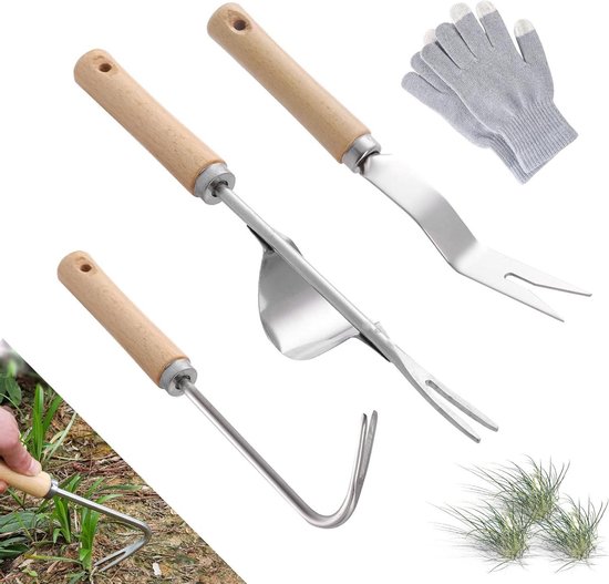 Handonkruidsteker roestvrij staal met houten handvat - 3 stuks - handmatige onkruidwieder voor graven wieden - losmaken ontwortelen van Vigedon