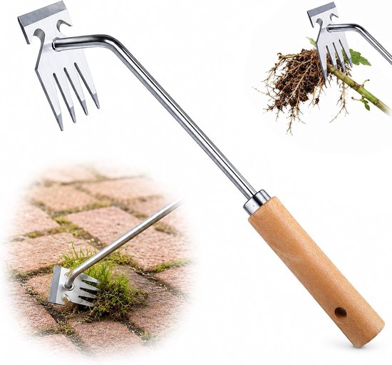 Handonkruidsteker van roestvrij staal met houten handvat voor eenvoudig onkruid verwijderen in de tuin, duurzaam tuingereedschap voor effectieve onkruidbestrijding en tuinonderhoud