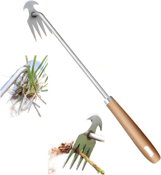Handonkruidverwijderaar - Onkruidsteker Tuingereedschap - Staand Wieden - Viertand Ontwerp - 40 cm - Zilver