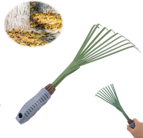 Handschoffel - Hand harkje - Tuinhark - Handhark 9 Tanden - Kleine Tuinhark met Antislip Handvat - Verstevigde Bladhark voor Tuinieren Onkruid & Bladeren - Tuingereedschap 38 cm