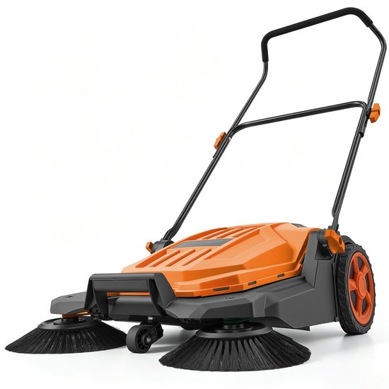 Handveegmachine - Handmatige Vloerveger - Werkbreedte 65 cm - Opvangbak 18,9 L - Verstelbare Inklapbare Duwbeugel - Voor Oprit Terras Garage Erf - Oranje