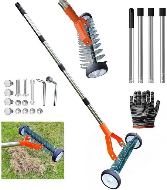 Handverticuteermachine met steel, 165 cm, verticuteerhark, metalen snijhark, tuin, afneembaar, verstelbare verticuteerhark, verticuteerhark voor tuin, erf