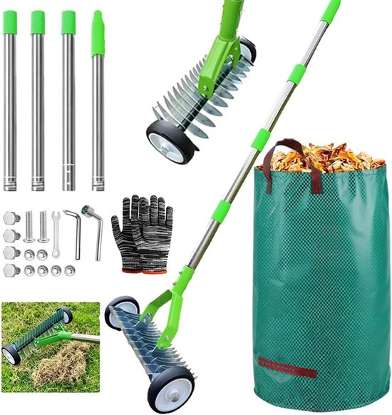 Handverticuteermachine met wielen, verticuteerhark met steel, metalen snijhark, tuin, afneembaar, voor tuin, binnenplaats, gazon (groen)