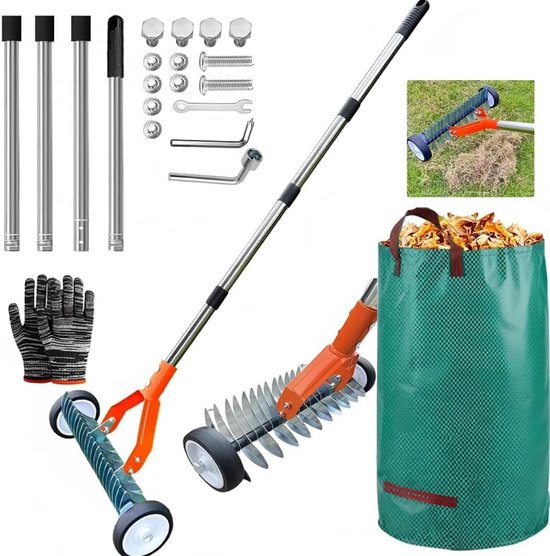 Handverticuteermachine met wieltjes, 165 cm, verticuteerhand met tuinafvalzak, verticuteerhark met steel, snijhark met steel, verticuteerhark hand, voor het verwijderen van gazonvilt
