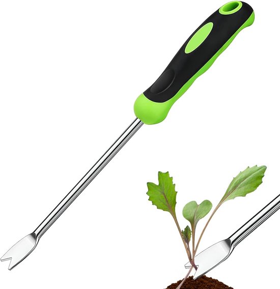 Handwieder - handmatige worteljager met handgreep - Kleine roestvrijstalen wieder - Paardenbloemtrekker - Voor graven, wieden en losmaken (groen) van Jardineer