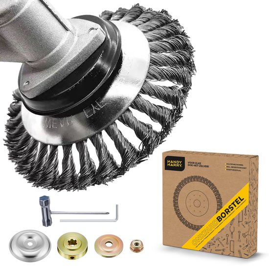 HANDY HARRY® Universele Onkruidborstel - Ø20 cm - Voor Bosmaaiers & Trimmers - Inclusief Montageset - Gehard Staal - Voegenborstel - Oppervlaktebehandeling - Roest & Vuil Verwijderen van Merkloos	
