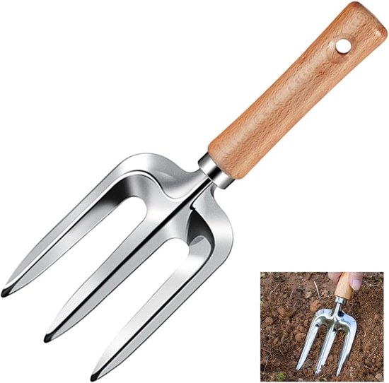 Handzame tuinvork met houten handvat, mini-tuinvorkhark, geschikt voor graven, planten en maaien.