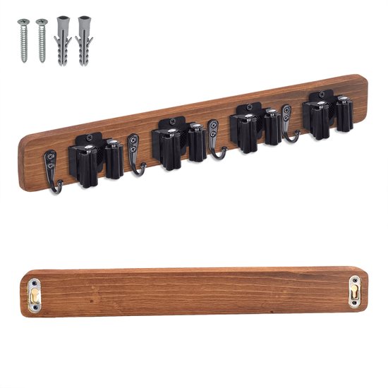 Hangende bezem en dweil, houten wandbezemhouder met 4 standen en 4 haken, moderne hangende bezemorganizer voor keuken, garage, tuin van Unclutterer
