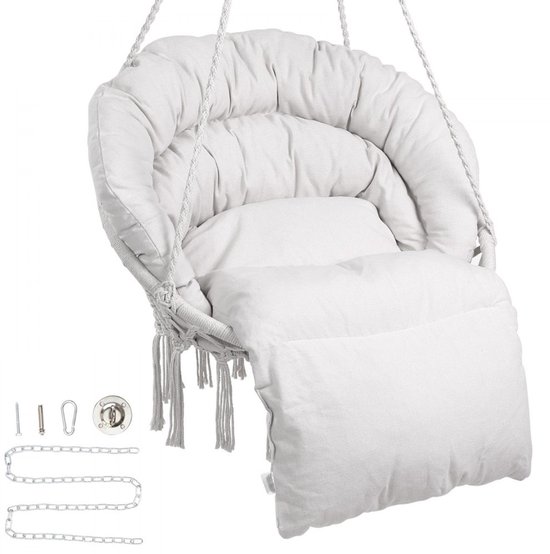 Hangstoel - Staal En Katoen - 150 Kg Capaciteit - Met Kussen - Met Geweven Netkabel - Inklapbaar, Bohemian Stijl - Geschikt Voor Binnen En Buiten - 80 X 62,5 X 80 Cm - Beige