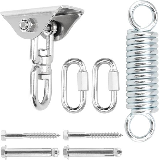 Hangstoelophangset - roestvrijstalen plafondhaken - schommelveer met 2 schroefkarabijnhaken - 150 mm stalen veer - ophangveer - accessoires voor bokszak - hangstoel - schommel van Merkloos	