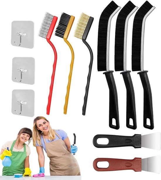 Harde borstelset hoekreiniging spleetreiniging voegenborstel - 11 delig met premium voegenreinigingsborstel draadborstels schrapers - keuken badkamer - 3 kleefhaken voegenborstel badkamer van Borashur