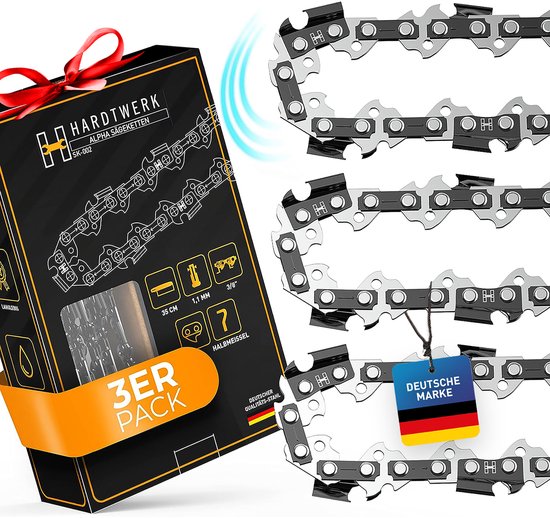 HARDTWERK ALPHA Kettingzaagkettingen 3/8" 1,1mm voor 35cm blad 52 schakels 3-pack Half beitel [Duits staal] compatibel met Makita, Husqvarna, Dolmar, Bosch, Kärcher en meer (Zelfsmerend) van Merkloos	