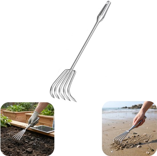 Hark - 5 tands hark - roestvrijstalen hark - grond losmaken hark - onkruid wieden hark - aarde graven hark - buigt niet makkelijk - gemakkelijk schoon te maken - tuinaccessoires - geschikt voor onkruid wieden, grond losmaken, tuin (zilver, 50*8,5 cm)