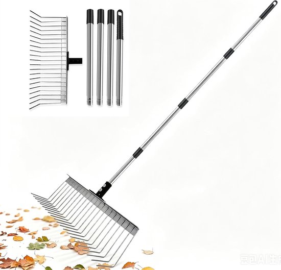 Hark, bladbezem met 160 cm roestvrijstalen steel en 21 tanden, robuuste gazonhark, 40 cm brede kleine harkop, tuinhark, bladhark voor tuin, gazon, struik, gras, mulch