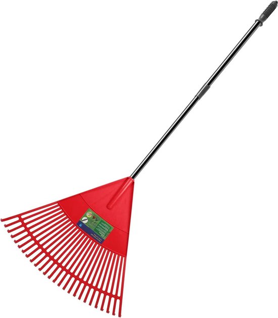 Hark for tuinhark, plastic bladbezem, 26 tanden plastic kop, 110 tot 168 cm, Lichtstalen handgreep met telescoopsteel, landschapsbezem voor gazon en bladeren (rode harkkop) van HOOPLE