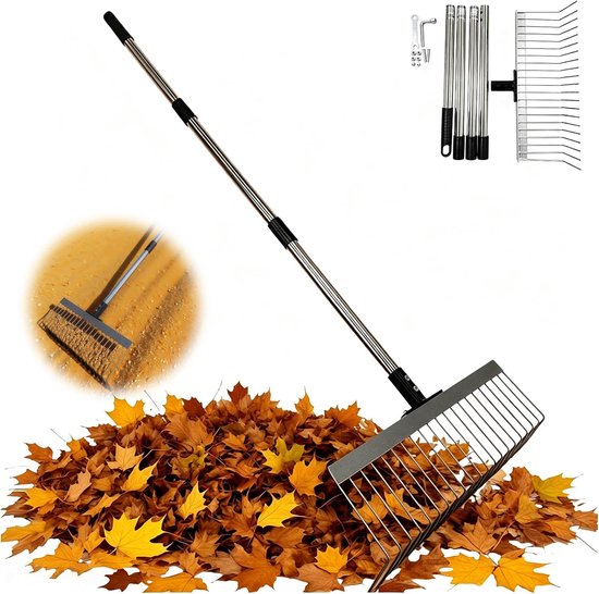Hark, gazonhark, roestvrij staal, 18 tanden, bladverzamelaar, gazonhark, 40 cm breed, verstelbare tuinhark voor tuin, gazon, bloembedden, gras, struiken, 160 cm verstelbare bladhark